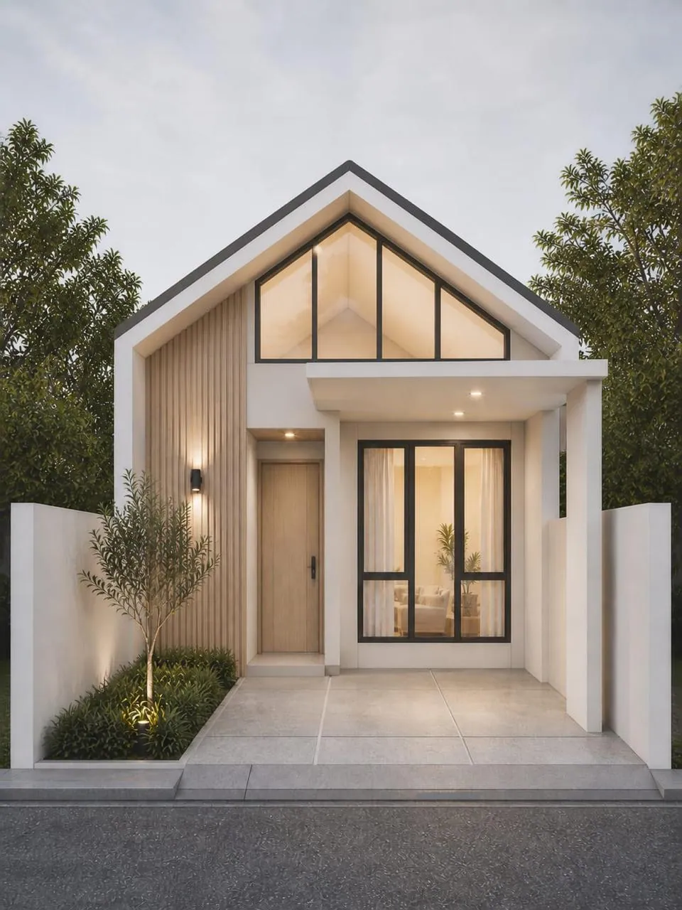 Fasad rumah Scandinavian The White Platinum, atap pelana dan dinding putih bersih