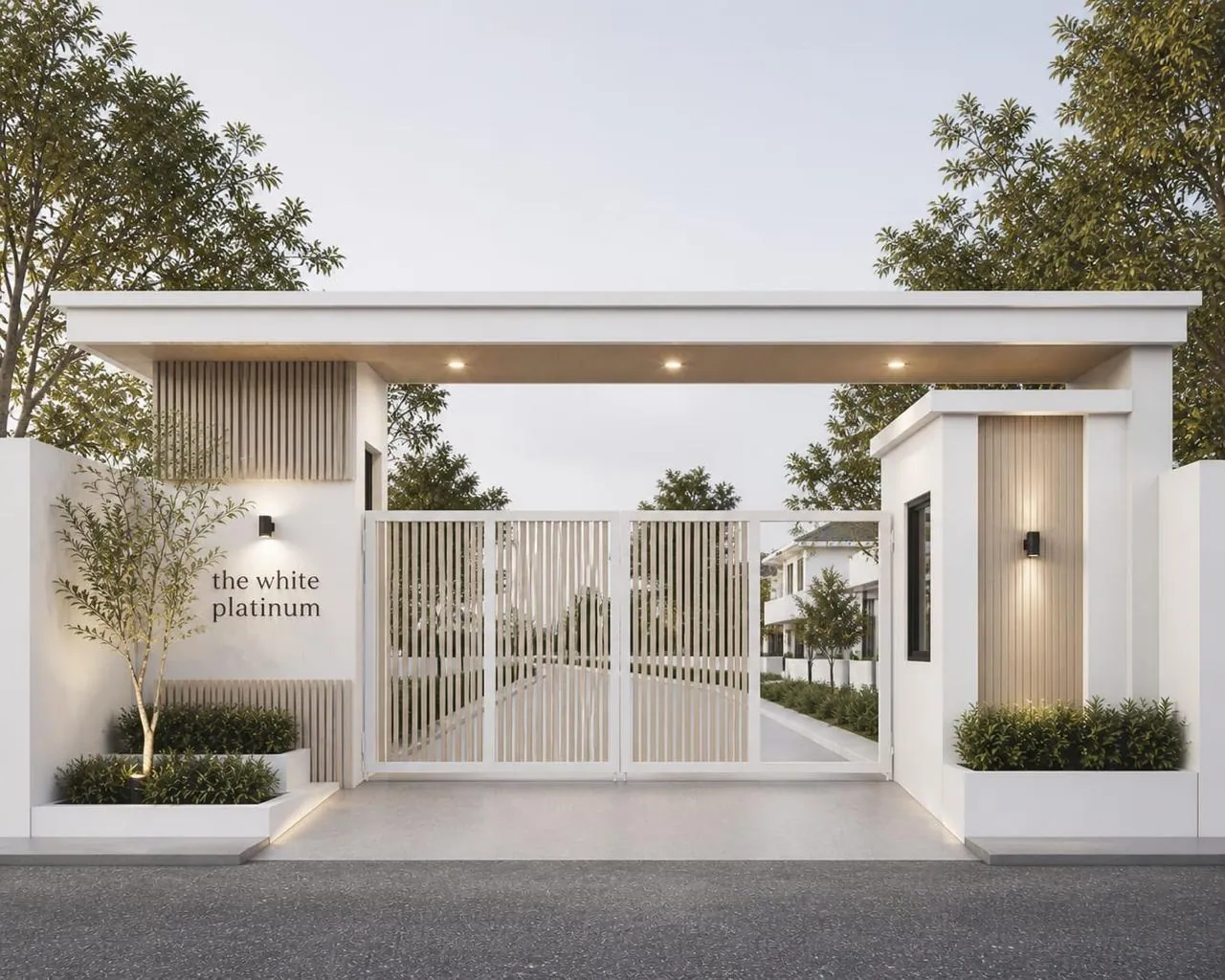 Gerbang masuk cluster The White Platinum bergaya Scandinavian dengan aksen kayu