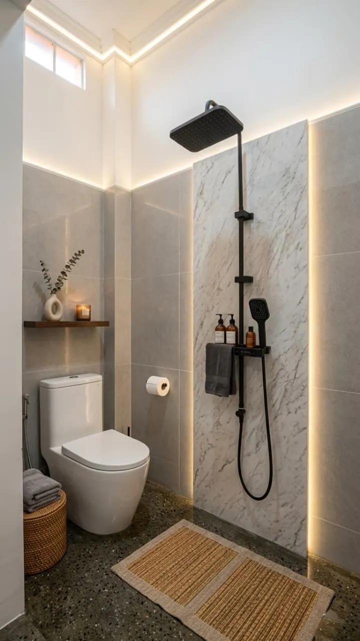 Kamar mandi modern The White Platinum dengan dinding marmer dan shower hitam matte
