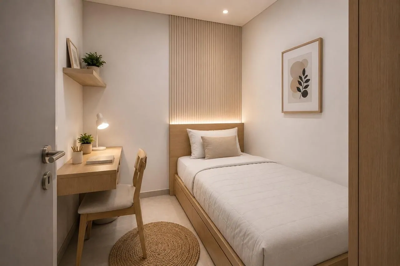 Kamar tidur kompak dengan meja kerja kayu dan pencahayaan lembut