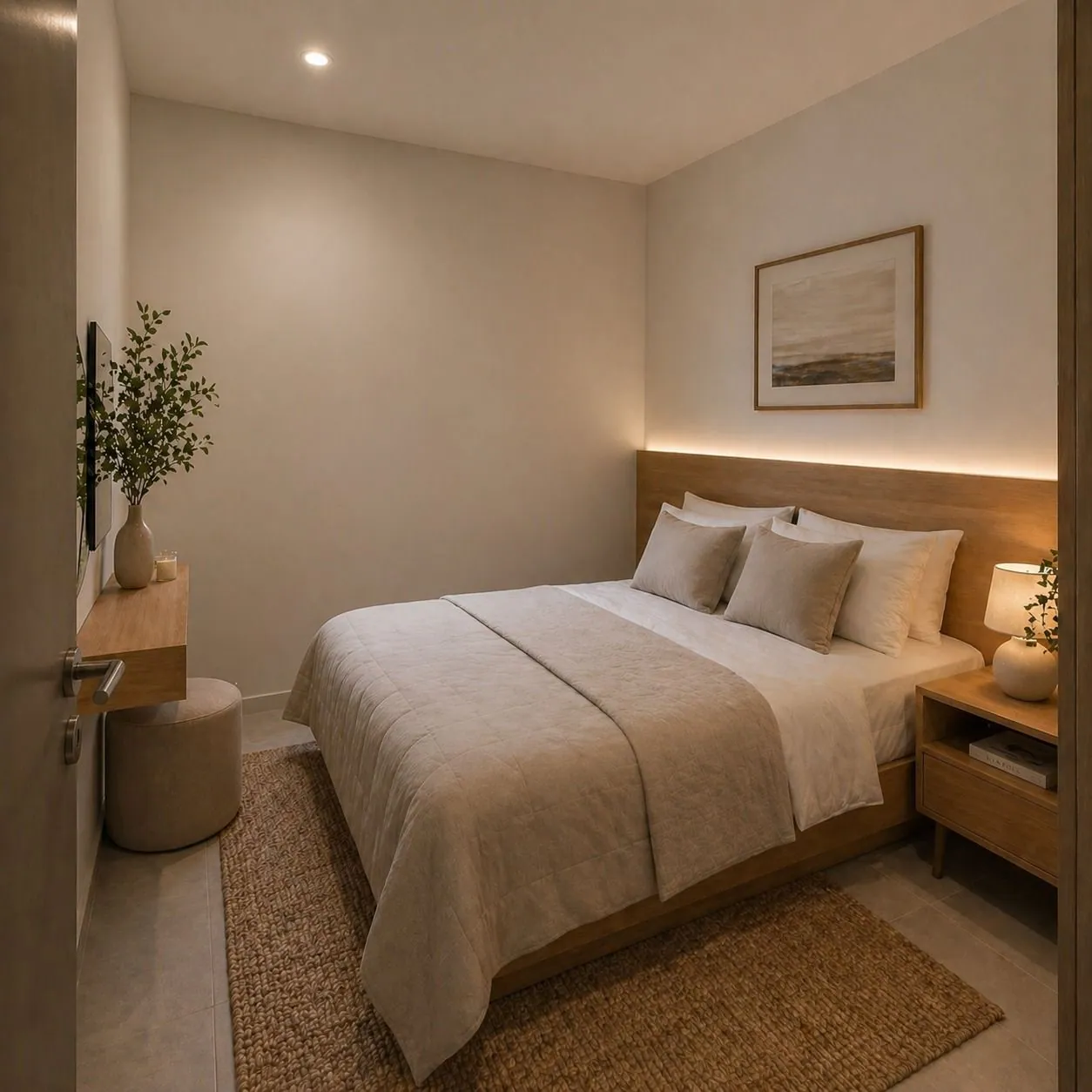 Kamar tidur utama bernuansa netral hangat dengan headboard kayu