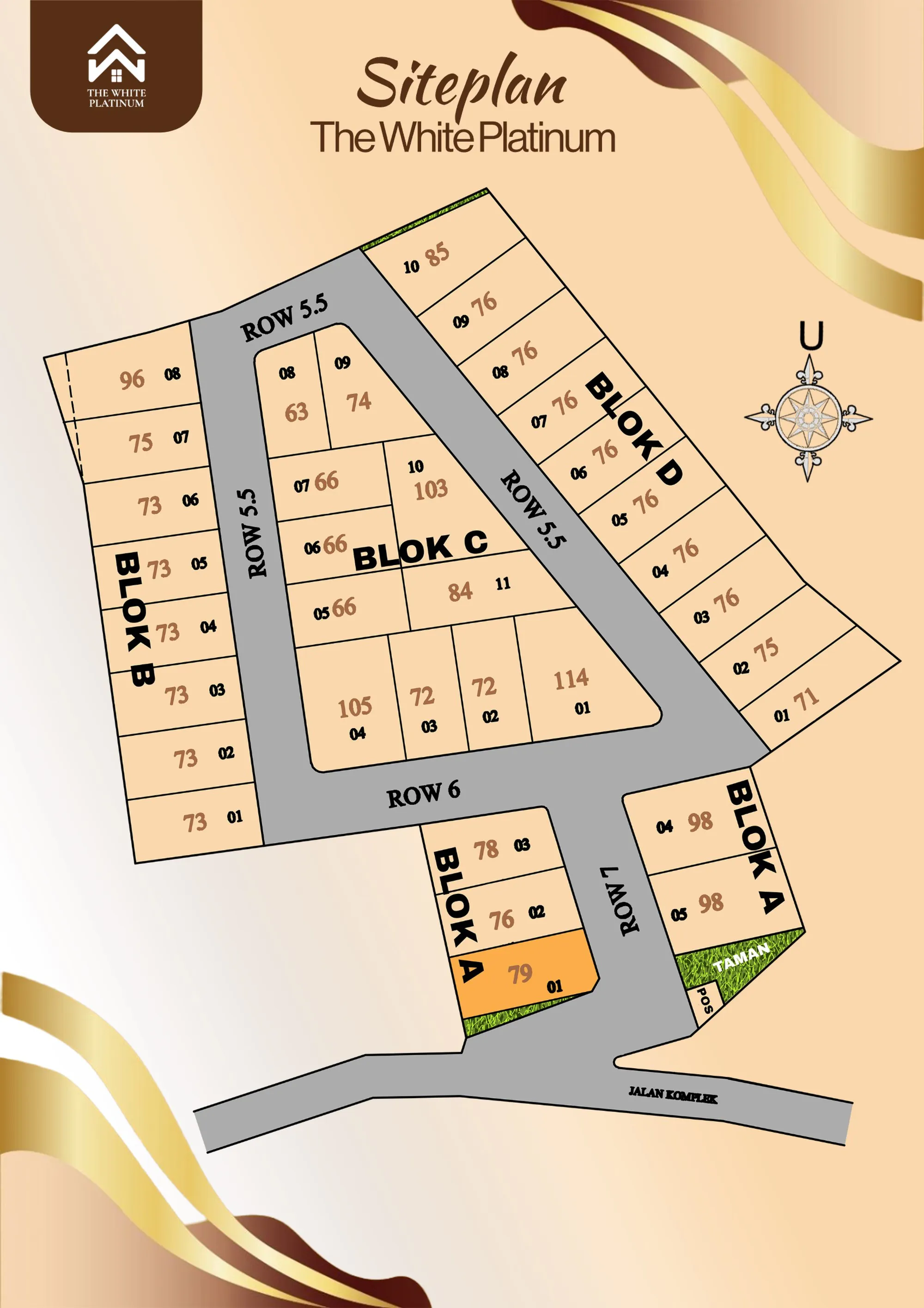 Siteplan The White Platinum — denah kawasan dengan Blok A, B, C, dan D, jalan (ROW), serta area taman